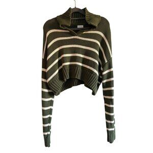 L.A. Hearts Green & White Striped Cropped Slouchy Cotton Sweater Size Medium